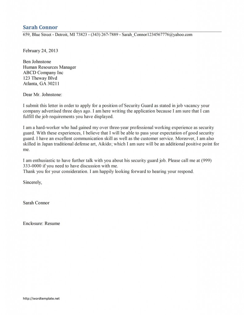 Security Guard Cover Letter Template for Word