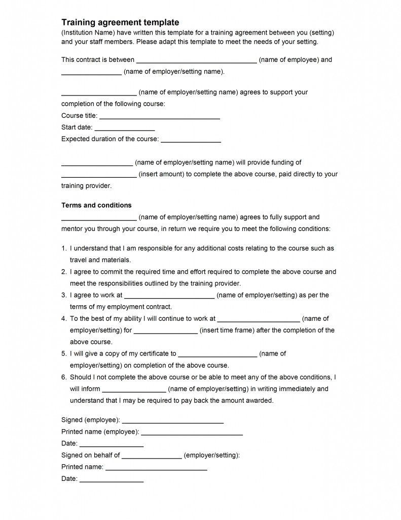 Employee Training Agreement Template for Word