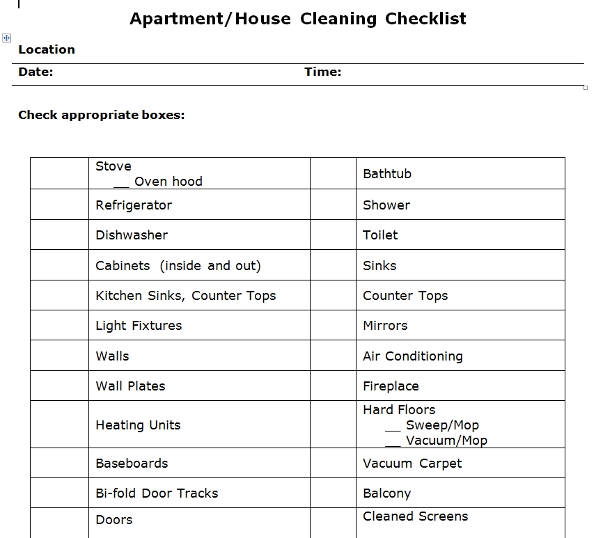 Apartment Cleaning Checklist Word Template