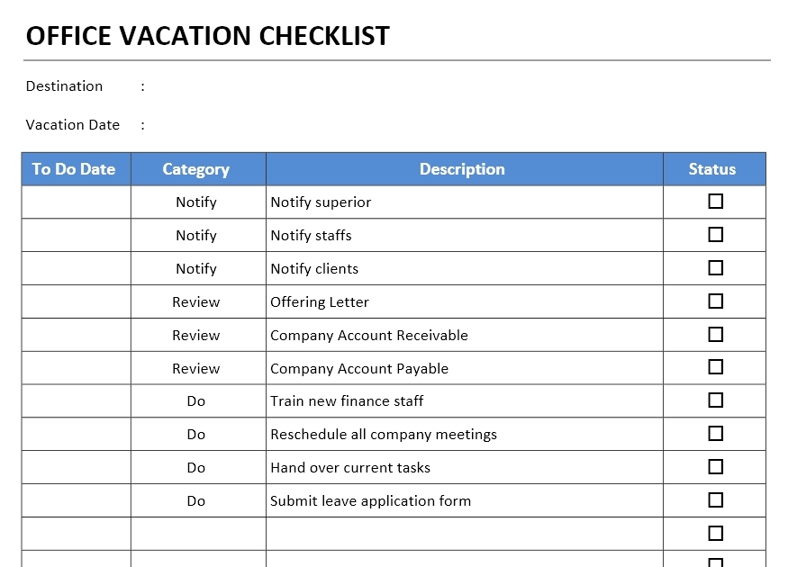 Office Vacation Checklist Word Template