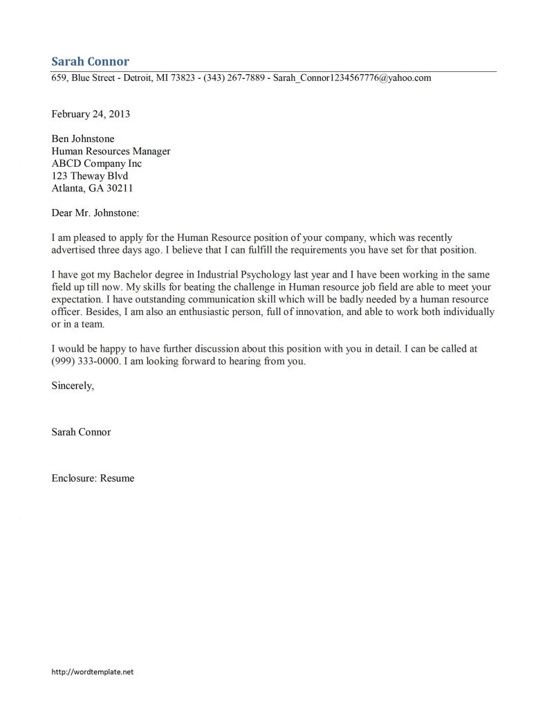 Human Resources Staff Cover Letter Template Word