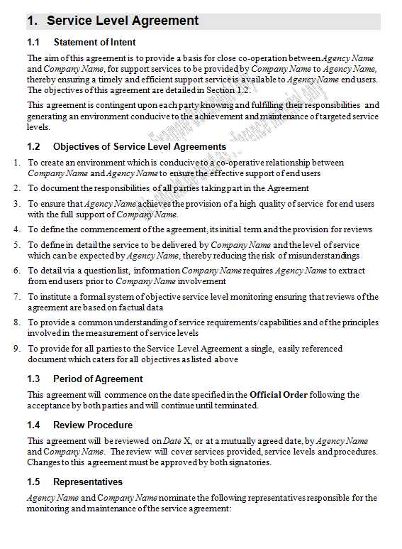 Service Level Agreement Word Template